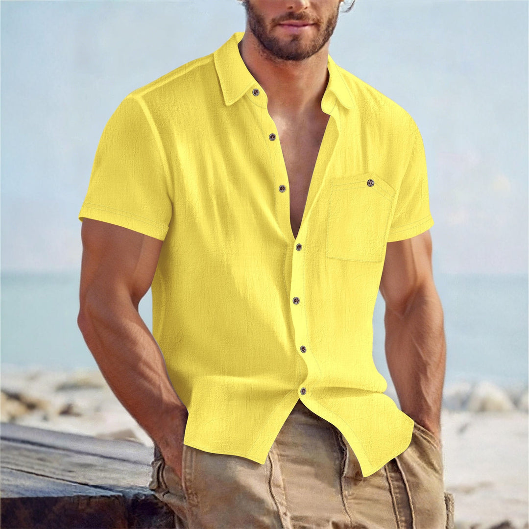 Men's short-sleeve button-up shirt in yellow, camp collar, front buttons, chest pocket.