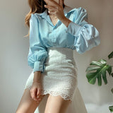 Lapel Single-breasted Loose Casual Lantern Sleeve Shirt - WOMONA.COM