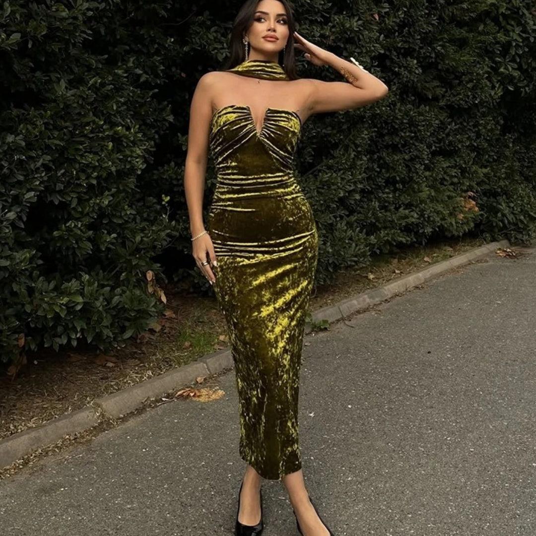 Velvet tube top midi dress in olive-gold with ruched bodice and fitted pencil shape