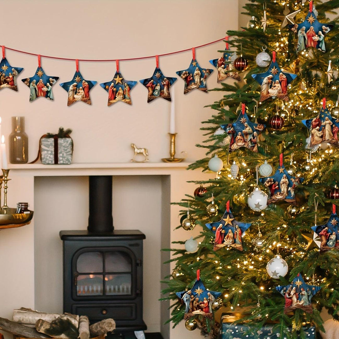 Blue nativity star Christmas garland with hanging ornaments on red string