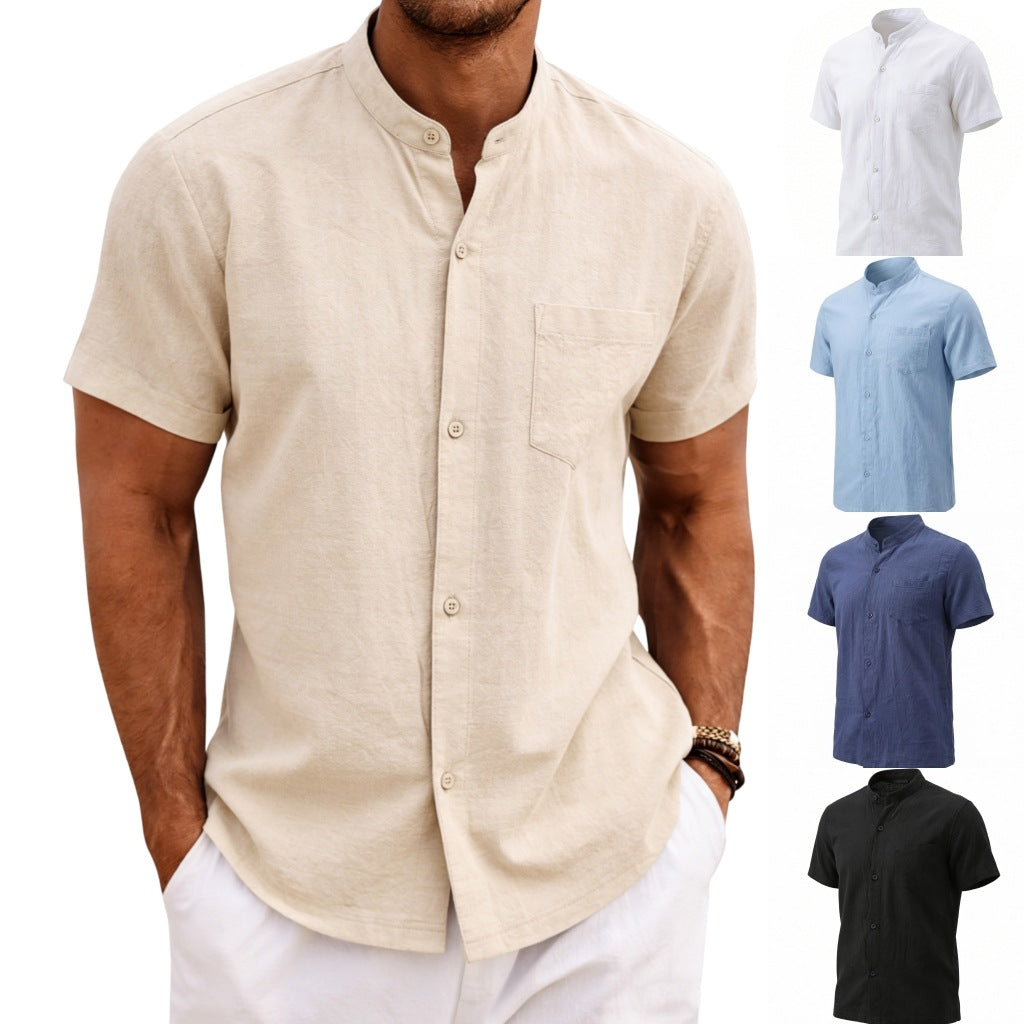 Men's casual short-sleeve shirt, apricot linen-look fabric, button front, chest pocket