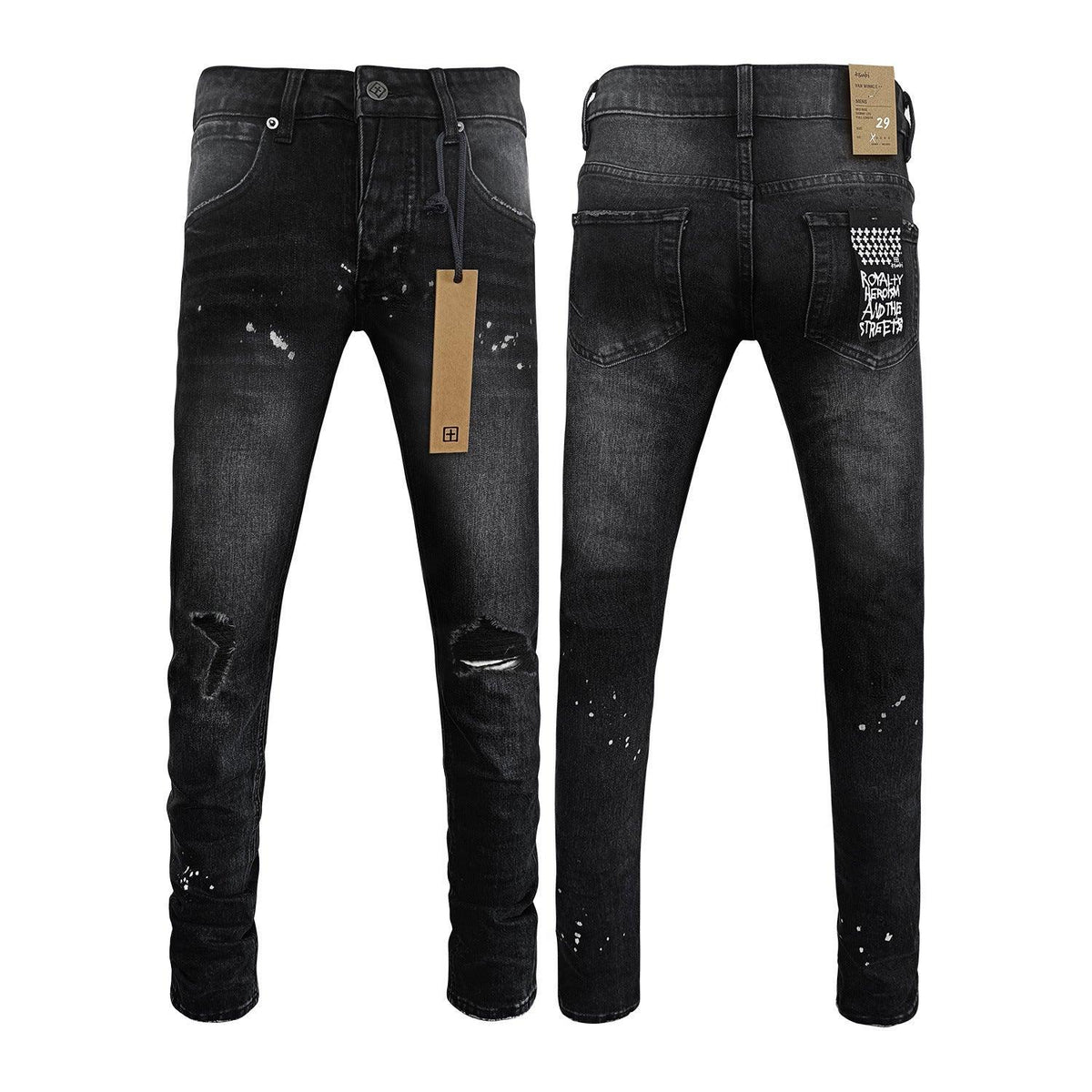 Men's black ripped stretch jeans with splatter specks and back pocket studded graphic