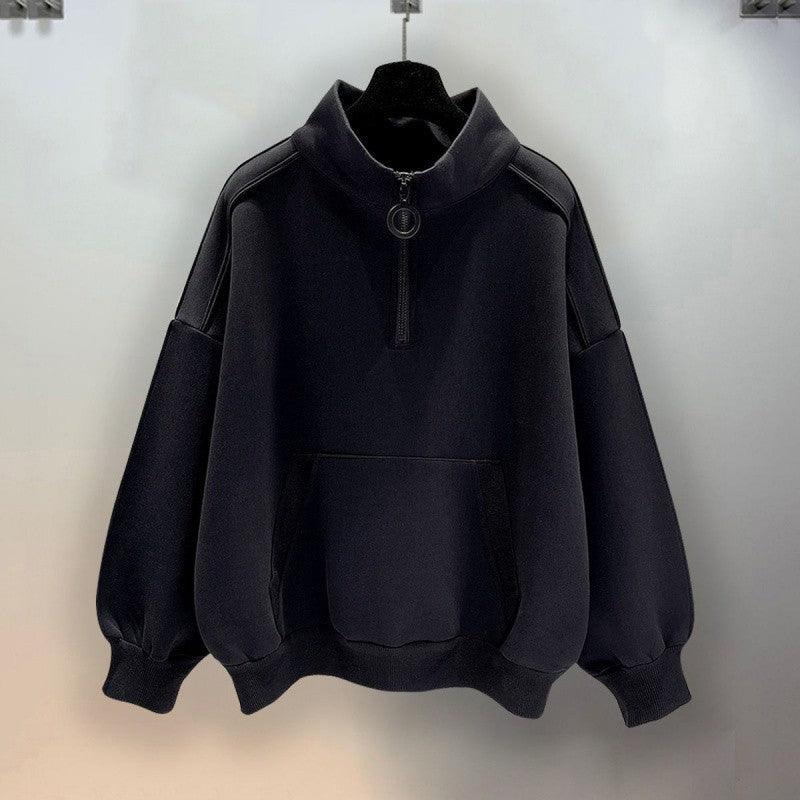 Half Zipper Black Hoodie Men's Stand Collar Hooded - WOMONA.COM