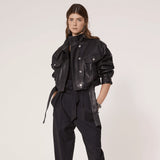 Soft Waxy Wool Kid Leather Belted Denim Jacket - WOMONA.COM