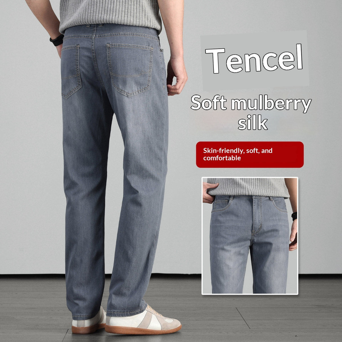 Men's loose-fit dark blue jeans, straight leg, 5-pocket design.