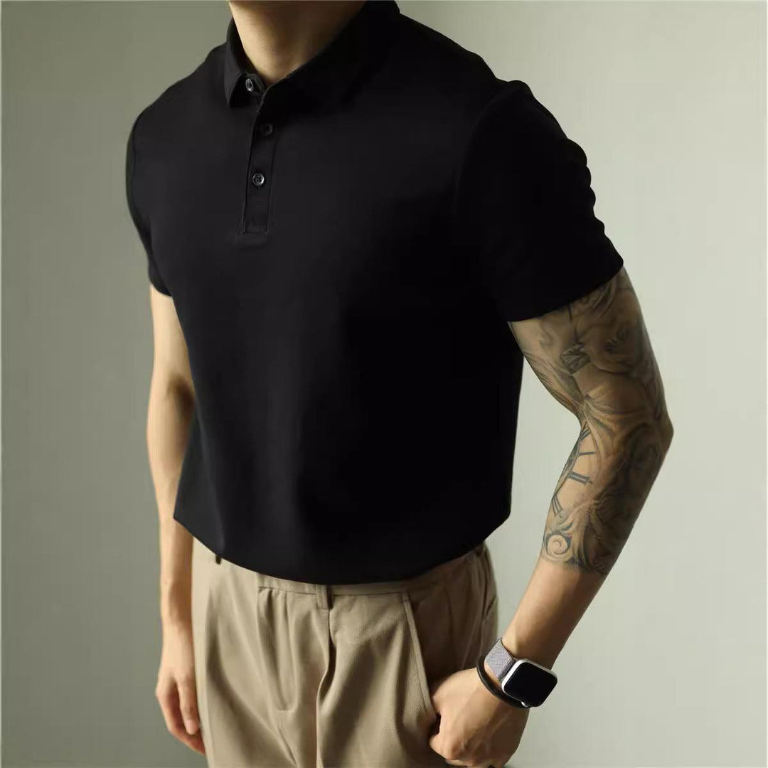 Men's black polo shirt with short sleeves, button placket, and ribbed collar