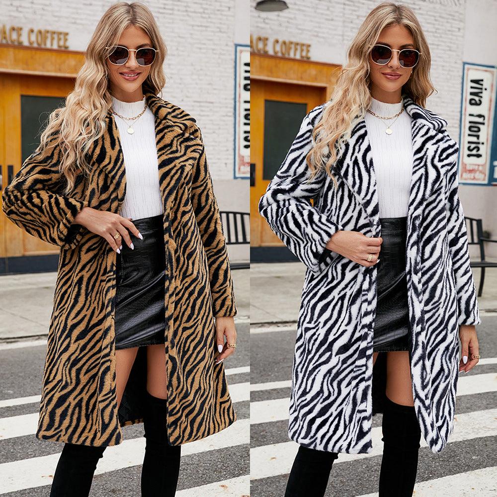 Gold-and-black zebra faux fur coat with notched collar, open front, long sleeves