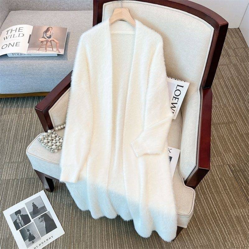 White mink-wool sweater coat with fluffy texture, long sleeves, open front