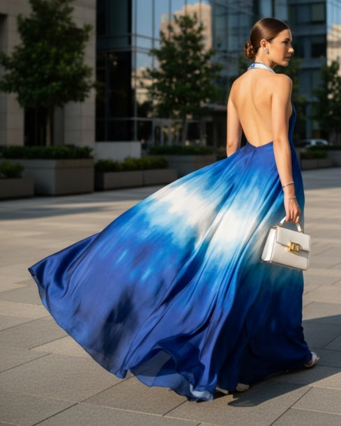 Blue Ombre Halter Backless Maxi Evening Dress