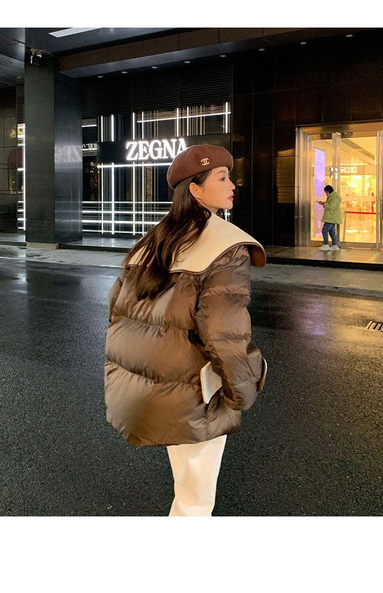 Large Lapel Fur Integrated Stitching Down Jacket - WOMONA.COM