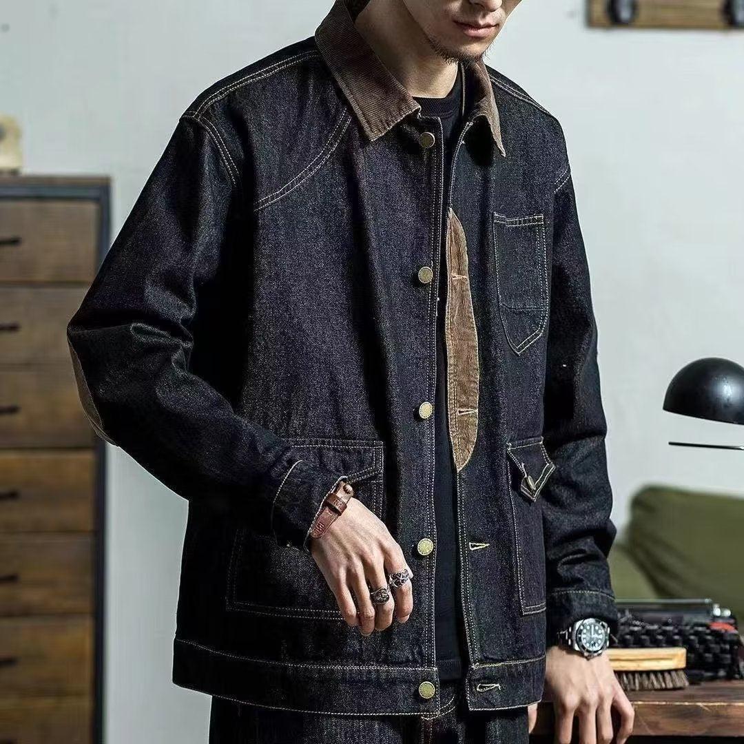 Black denim work jacket with brown collar, button front, and flap chest pockets