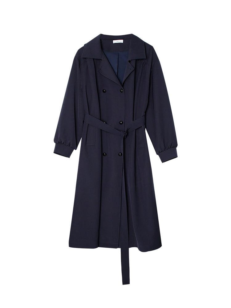 Mid-length navy wool coat, double-breasted with belt tie