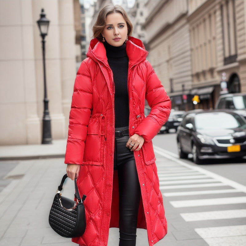 The Knee Hooded Winter Women's Down Jacket - WOMONA.COM