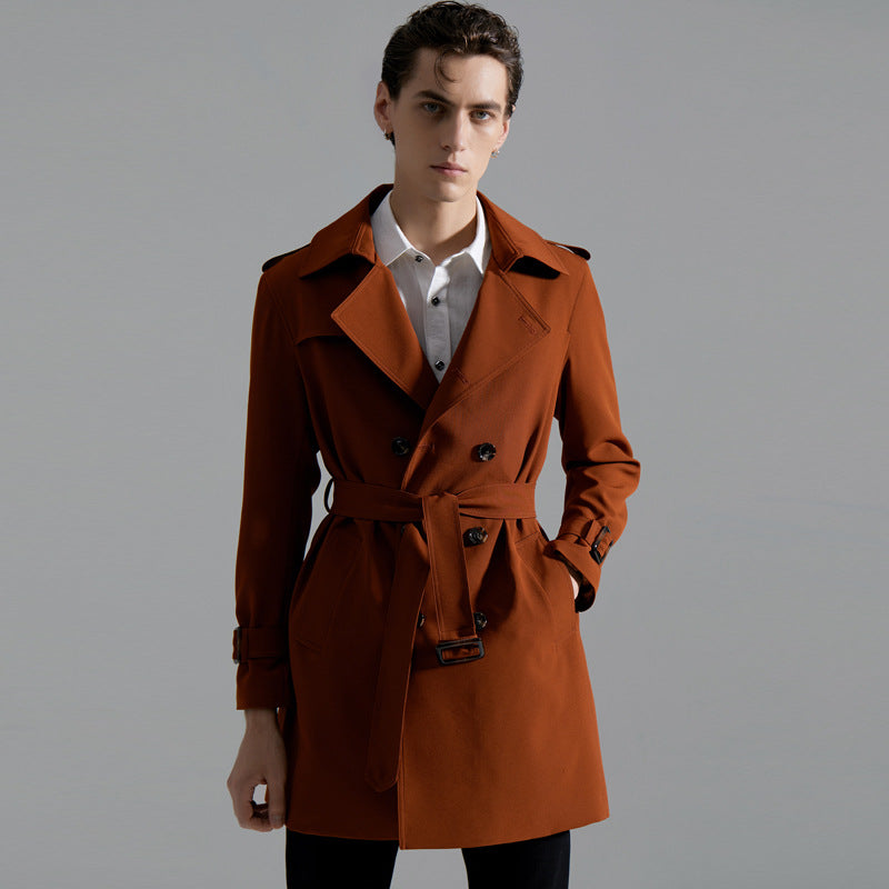Men's classic long double-breasted belted trench coat