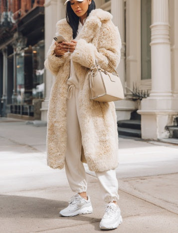 Beige Oversized Faux-Fur Long Coat – product image 1