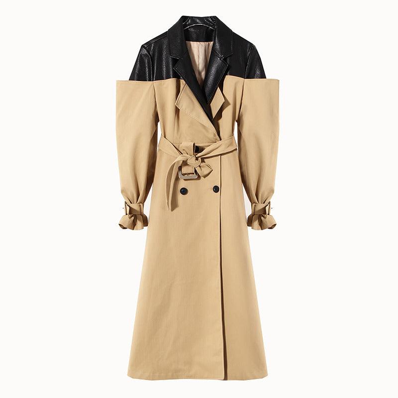 Belted overknee coat in beige with black lapels and front button closure