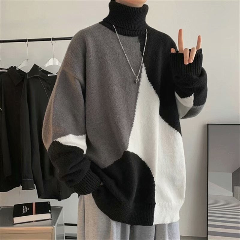 Men's black contrast high-neck pullover sweater