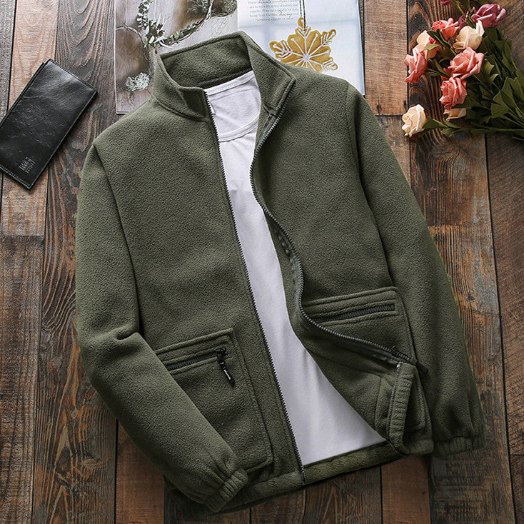 Men's loose lamb wool-style polar fleece jacket in blue and army green – photo 1 of 6