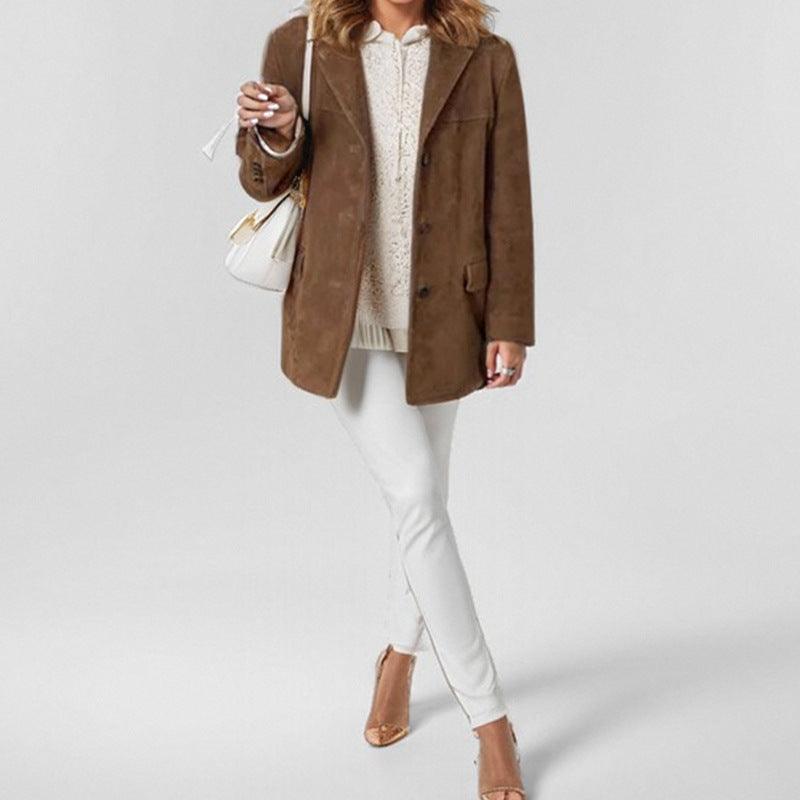 Women's Retro Brown Loose Long Sleeve Jacket - WOMONA.COM