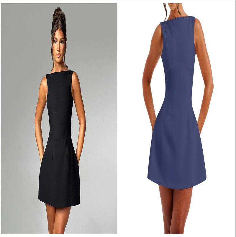Sleeveless backless mini dress shown in black and blue, fitted with flared hem