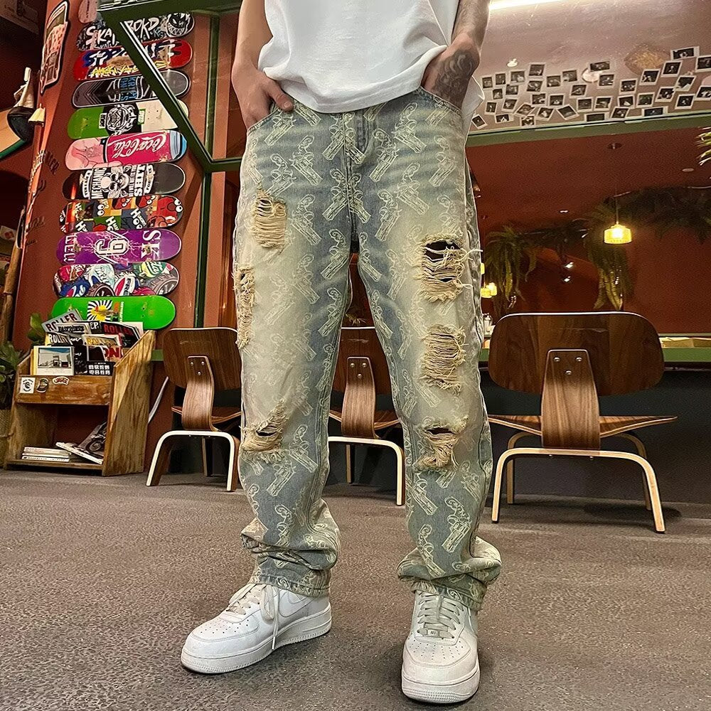 Nostalgic Loose Straight-Leg Ripped Printed Denim Jeans