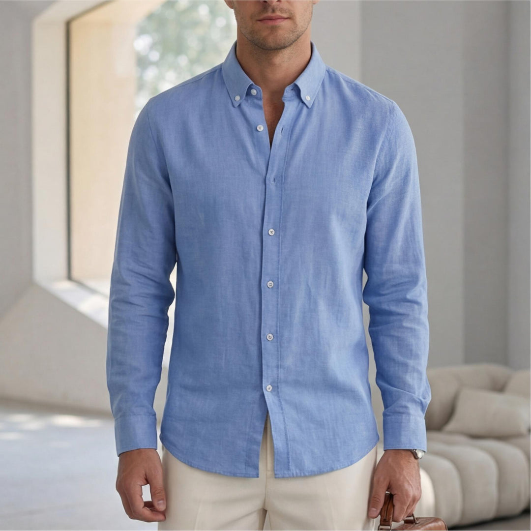 Blue long-sleeve button-up casual shirt with button-down collar