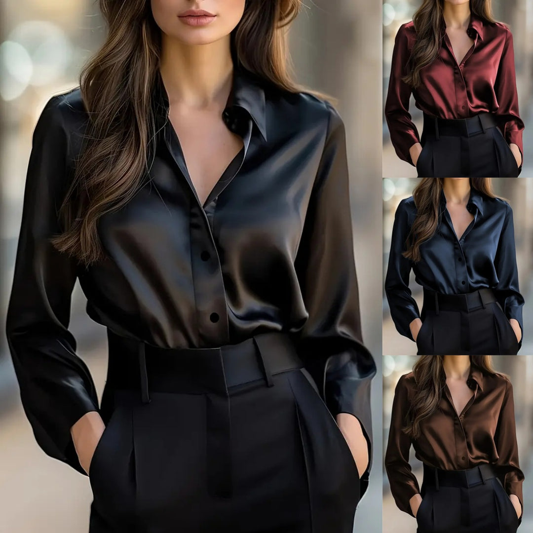 Women's Satin-Finish Button-Up Work Blouse – product view 1 | WOMONA