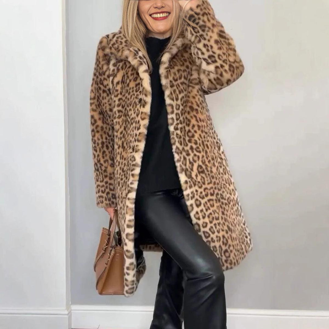 Plush leopard-print mid-length coat with stand collar, open front, tan and brown