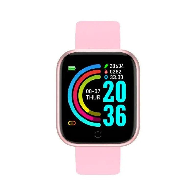 Front view of pink square smartwatch with silicone strap and colorful digital display