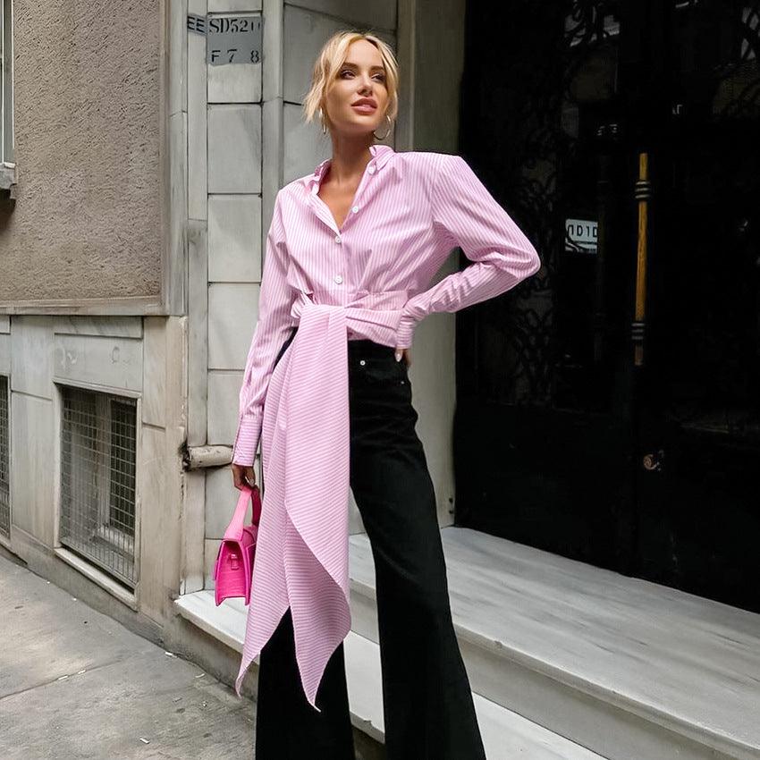 Design Sense French Style Tied Striped Shirt - WOMONA.COM
