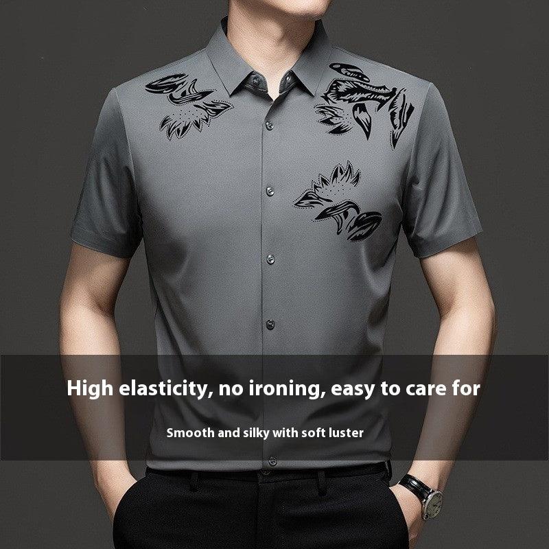 Short-sleeve button-up silk shirt, dark gray with dragon graphic print at chest and collar