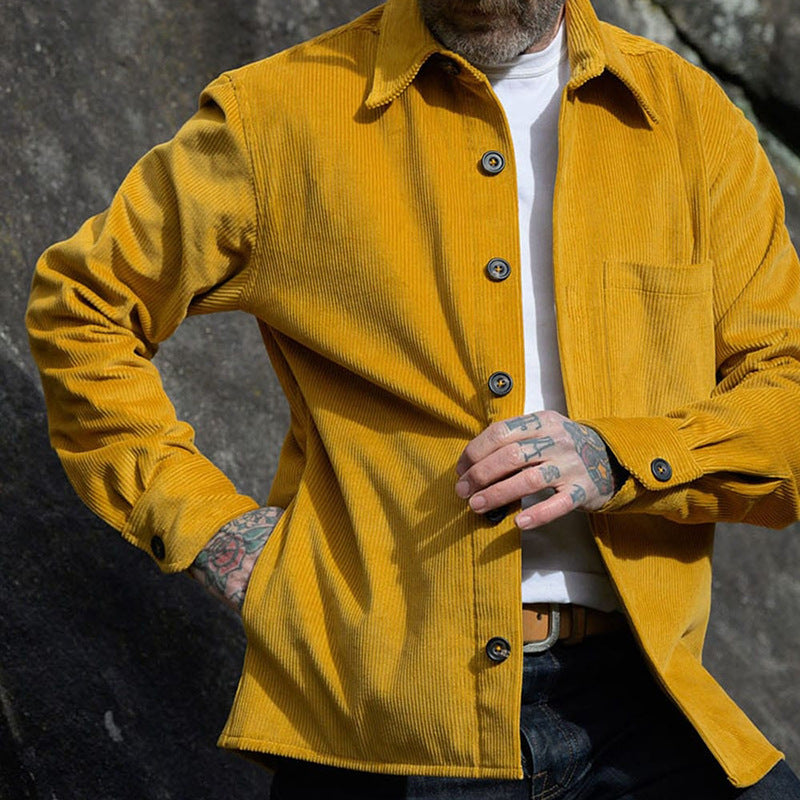 Men’s yellow corduroy lapel jacket with button front and chest pockets