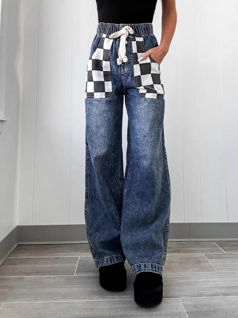 Dark-blue loose denim trousers with elastic waist and drawstring, checkered patch pockets