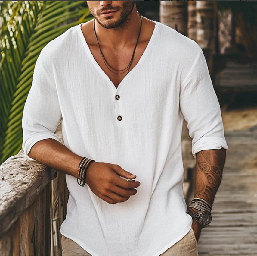 Men's black V-neck lapel long-sleeve shirt with button placket