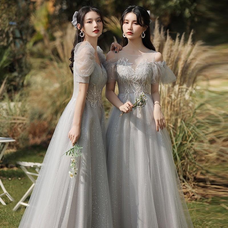 Gray embroidered tulle dress with puff sleeves and off-shoulder neckline
