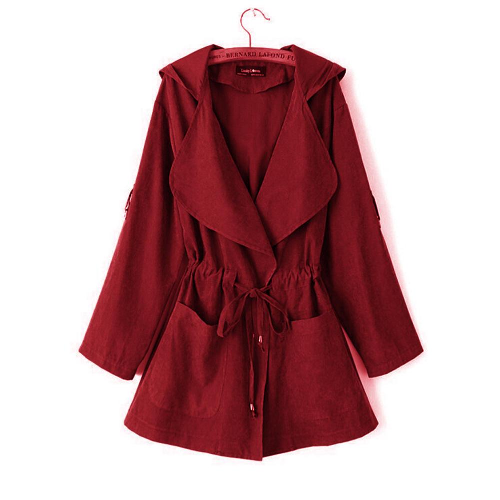 Women’s thin windbreaker in deep red, drawstring waist, flap pockets, long sleeves
