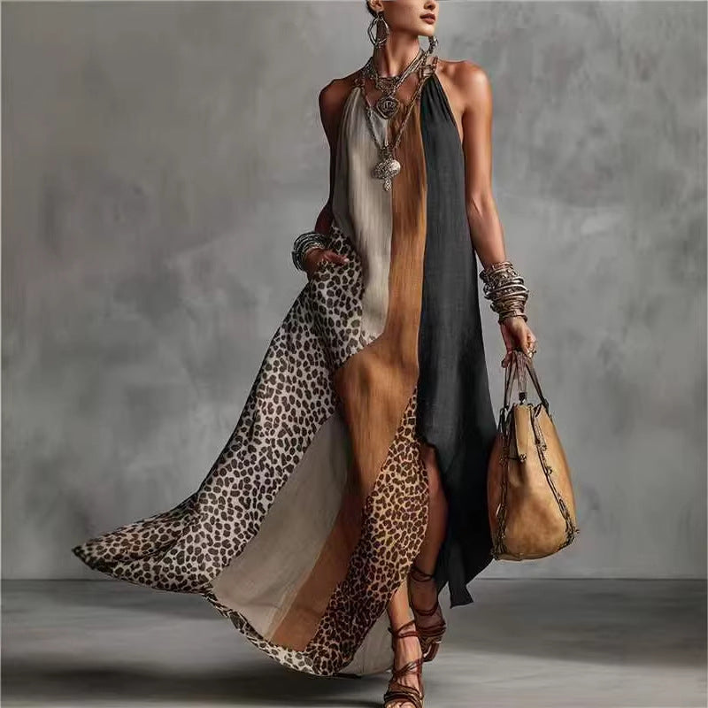 Long split-neck sleeveless dress with leopard-print paneling in brown, black, and cream