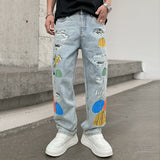 Jeans Fashion Print Loose Straight Trousers - WOMONA.COM