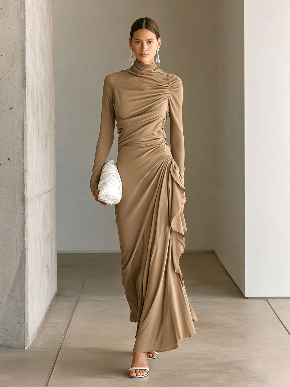 Taupe high-neck long-sleeve ruched slim-fit pleated drape dress, asymmetrical hem