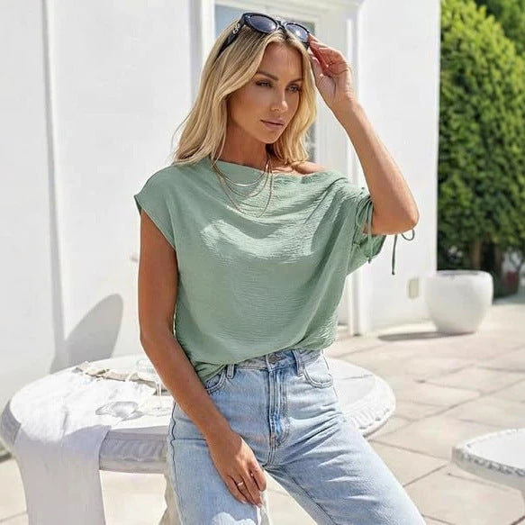 Off-shoulder T-shirt top in light green with draped neckline and tied sleeves