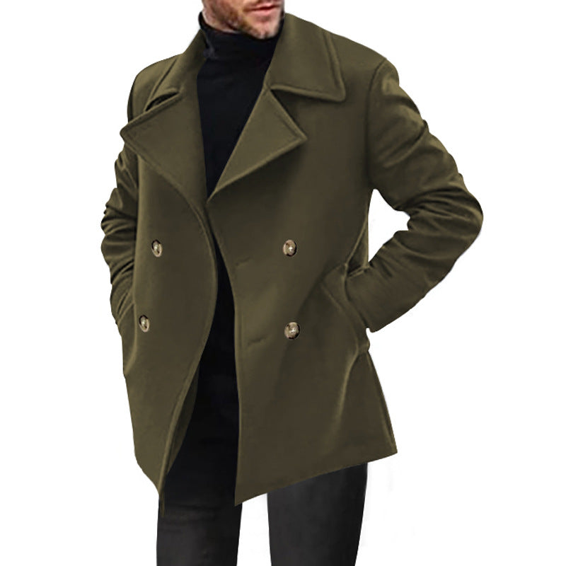 Army green mid-length men's jacket with wide lapels and gold buttons