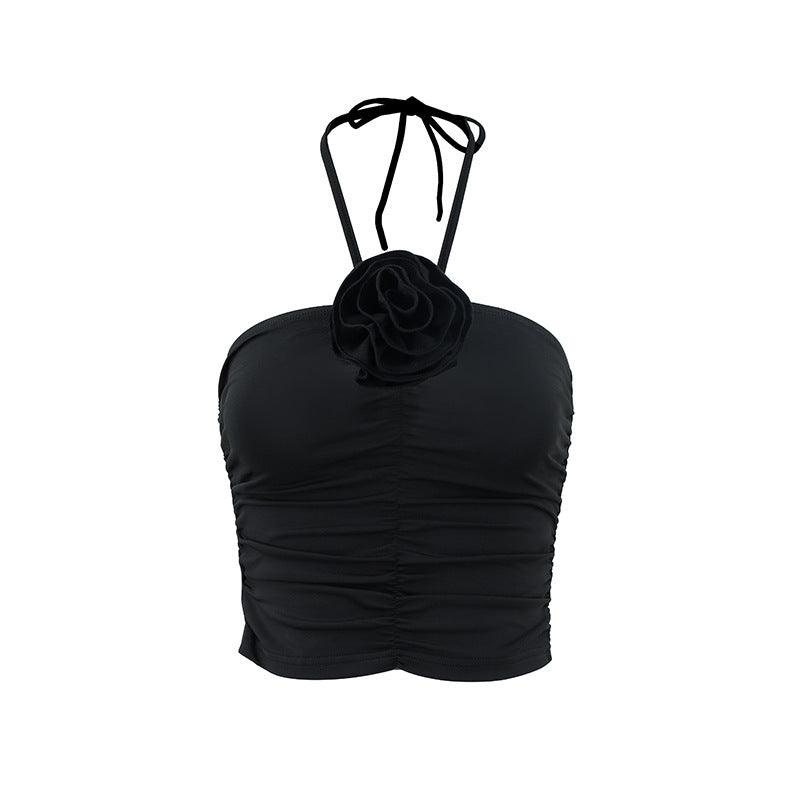 Three-dimensional Flower Pleated Navel Vest - WOMONA.COM