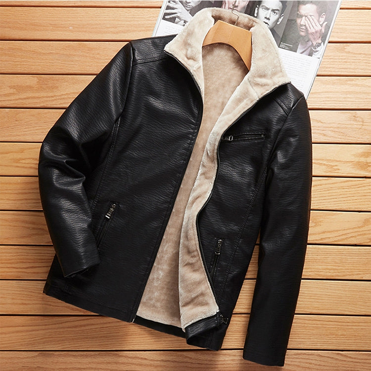 Men's plush-lined PU leather lapel jacket