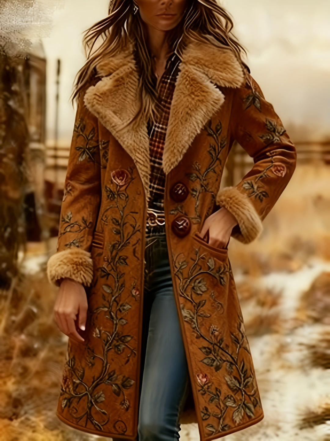 Women’s long wool overcoat with tan shearling trim, brown embroidered floral pattern.