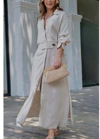 Light gray high-waist long-sleeve shirt dress with front buttons, belt, and side pockets