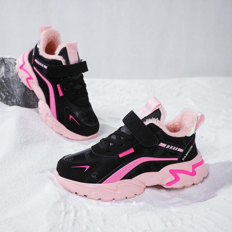 Girls' waterproof leather sneakers, black with pink accents, hook-and-loop strap, padded collar