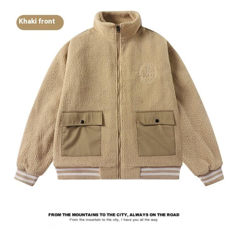 Men’s khaki fleece cotton coat with full zip, stand collar, and flap patch pockets