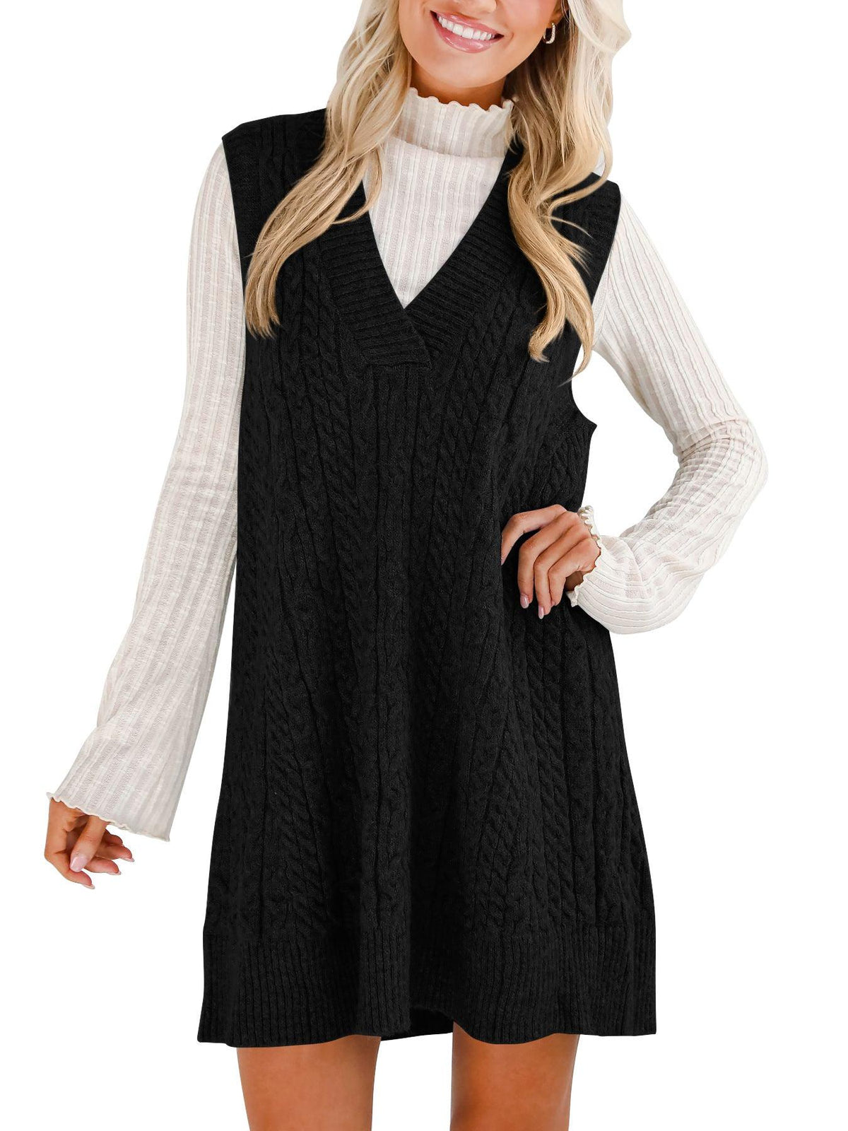 Women’s sleeveless cable-knit V-neck sweater dress in black, above-knee length