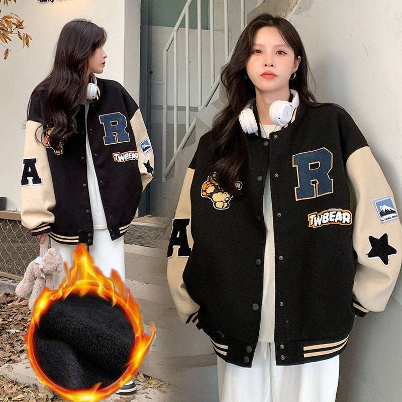 Women's Letter-Patch Varsity Jacket, Black - product view 7