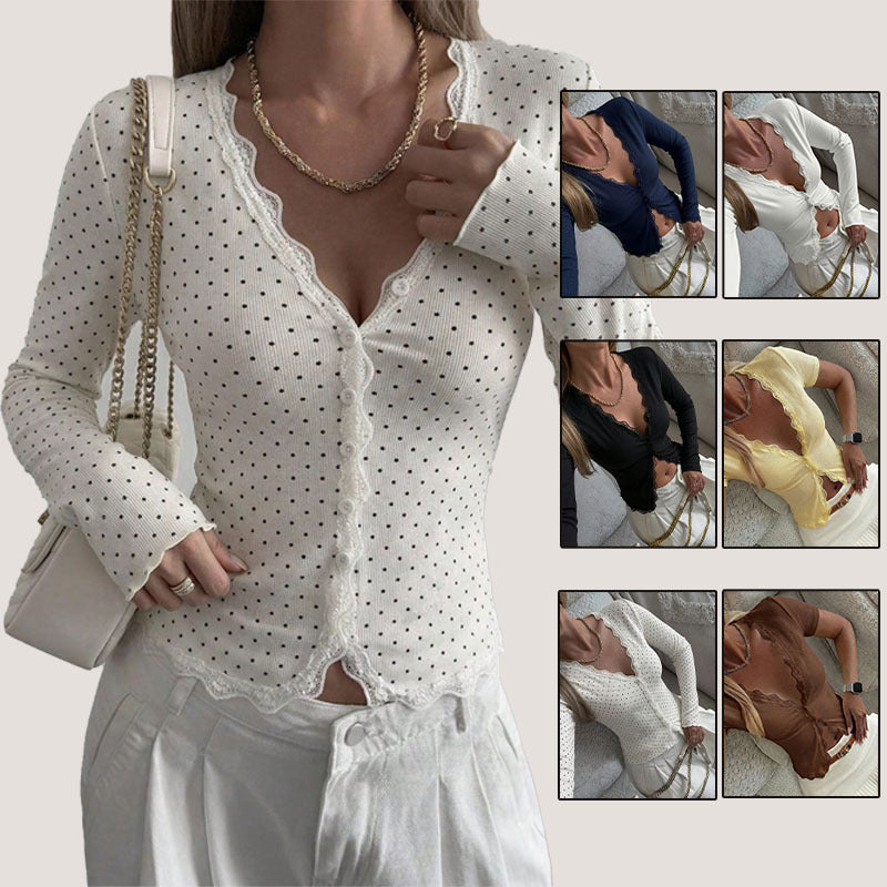 White polka-dot button-front long-sleeve top with scalloped lace trim and V neckline